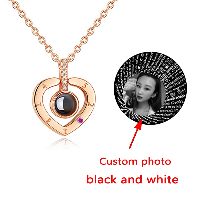 whit black photo Пользовательское имя 100 языков я люблю тебя ожерелье для женщин фото памяти кристалл сердце 925 пробы Серебряное персонализированное ожерелье - Окраска металла: whit black photo
