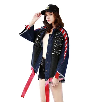 

Women Denim Jacket 2020 New Spring Boutique Women's Loose Embroidery Ribbon Color Matching Beaded Lapel Stitching Jacket A32