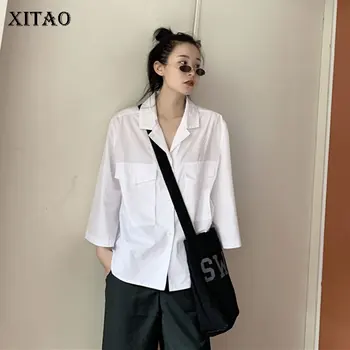 

XITAO Vintage Fashion Blouse Single Breast Pocket 2020 Spring Pocket Elegant Goddess Fan Casual Style Loose Shirt DMY3886