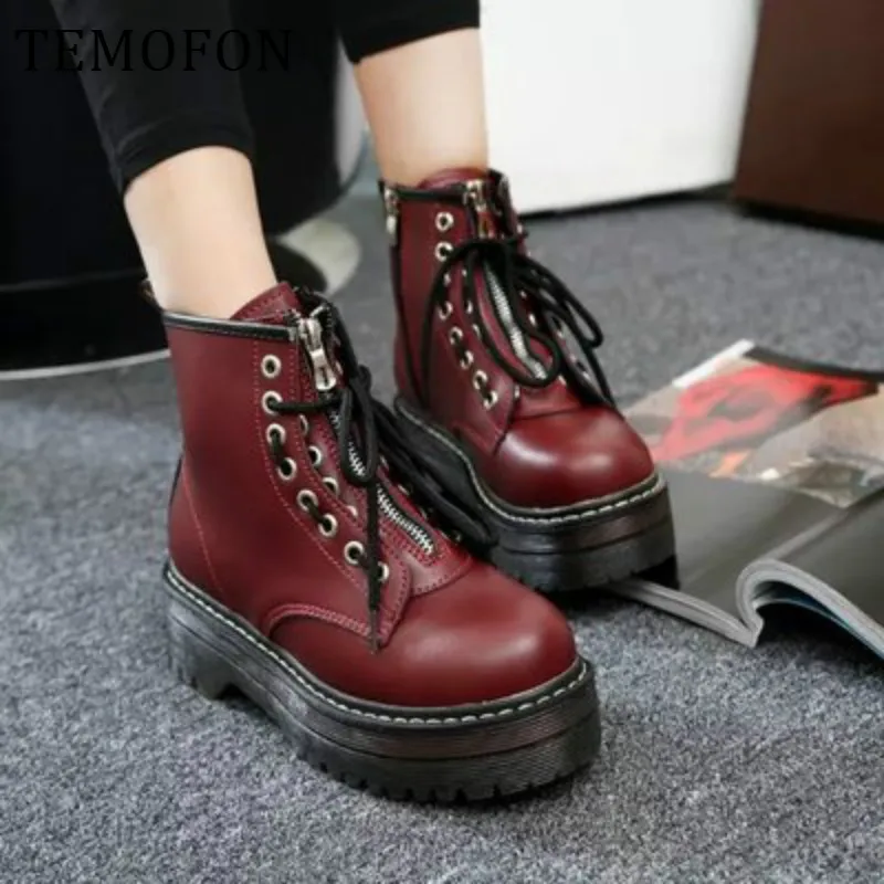 

Fashion Platform Leather Boots Women Winter Ankle Boots Zipper Casual Shoes Ladies High Heel Lace Up Shoes Botas Feminina HVT544