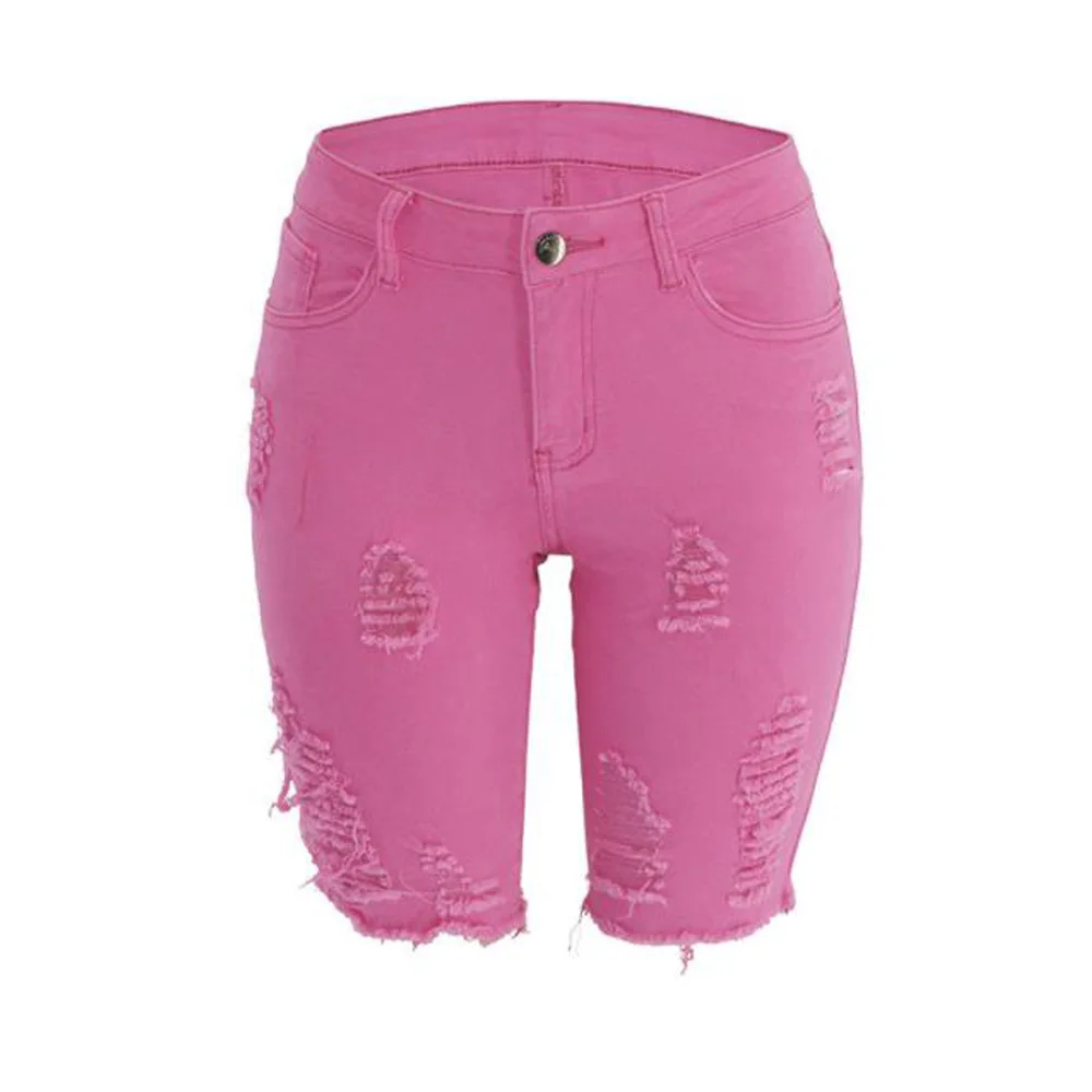 Sexy Torn Ripped Tassel Denim Shorts Women Fashion High Waist Casual Five-point Pink Jean Shorts Summer Bermudas Mujer