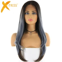 13x4 синтетические волосы на кружеве парики для черных женщин Омбре зеленый синий цвет X-TRESS 26 дюймов длинные прямые волосы парик с волосами младенца