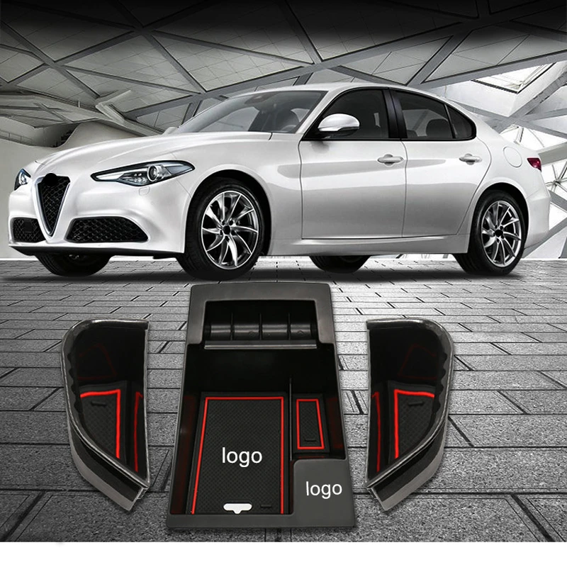 

Armrest Storage Box For Alfa Romeo Giulia 2017 Black Tray With Non-slip Mat Glove Phone Box
