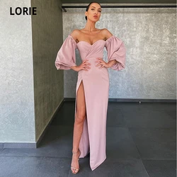 LORIE Simple Dusty Pink Satin Prom Gowns Long Plus Size Off the Shoulder Formal Evening Dresses with High Split 2020 Party Dress