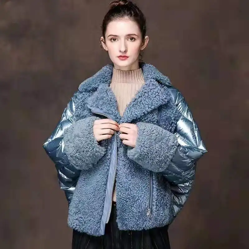 

parka real fur coat winter clothes women 90% down jacket genuine sheep fur coat Bat Sleeved outerwear turn-down collar coats