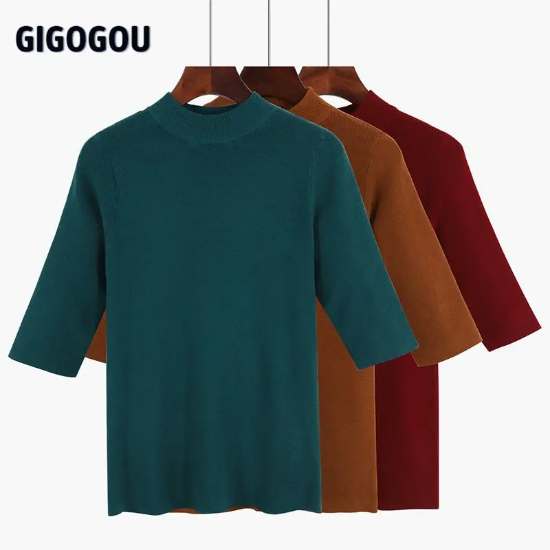 GIGOGOU Spring Autumn Women Sweater Half Sleeves O-neck Slim Jumper Knitted Soft Female Pullover Top | Женская одежда