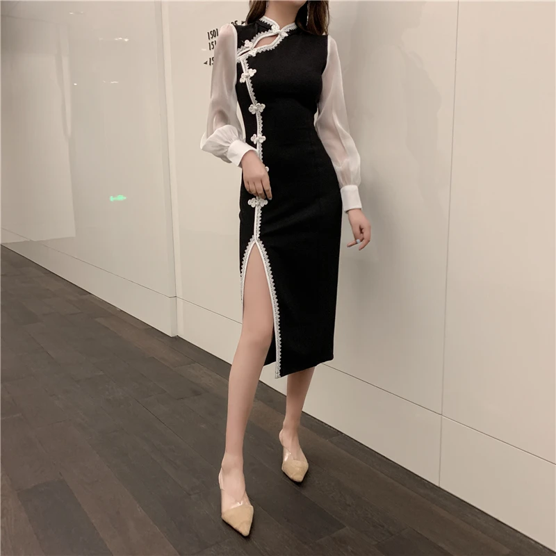 Moda feminina, женская одежда, платья для девушек, винтажный стиль, осень, пэтчворк, Империя, стоячий вырез, узкое, до колен, на пуговицах