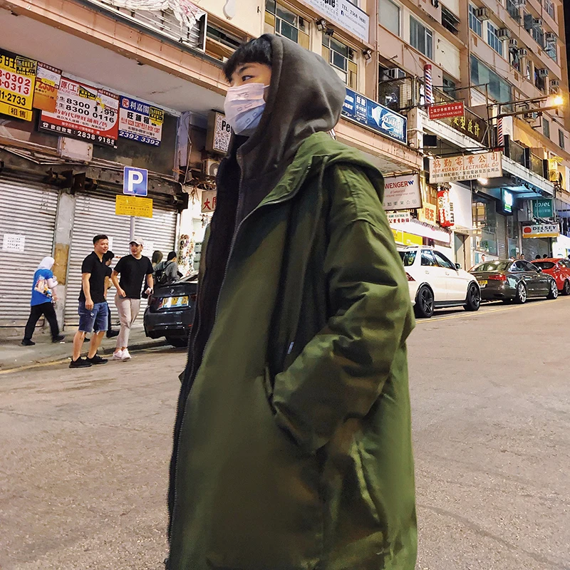Зимнее пальто, Мужская теплая Модная однотонная утепленная парка, мужская повседневная куртка с капюшоном, Мужская свободная хлопковая длинная куртка