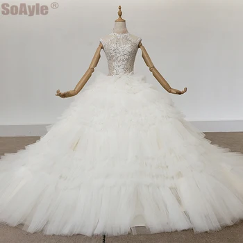 شراءSoAyle حجم كبير فستان الزفاف الفاخرة الأميرة فستان الزفاف اليدوية مطرز لامعة كريستال كم طويل فستان الزفاف الصيف 2020