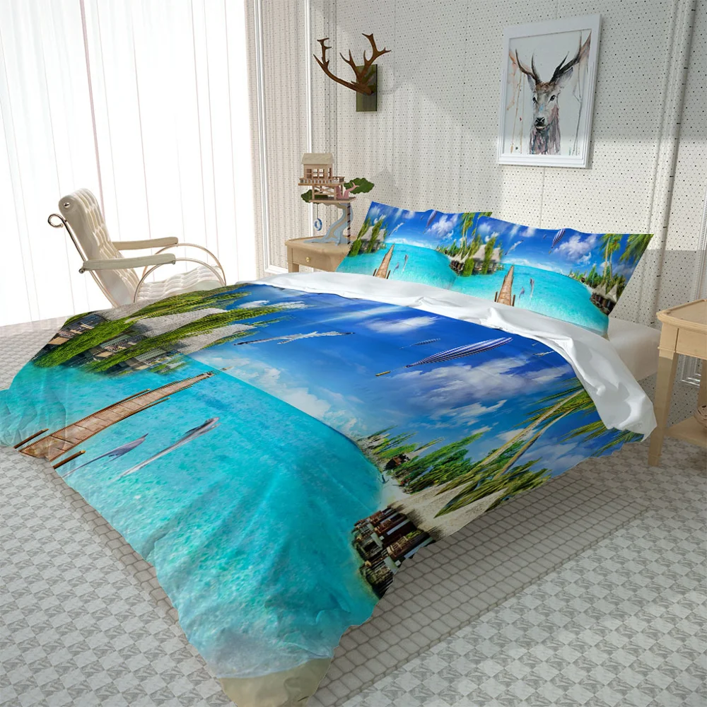 twin bedding blue beach wood birdge set Pillowcase Polyester Bed Set Home Textiles | Дом и сад