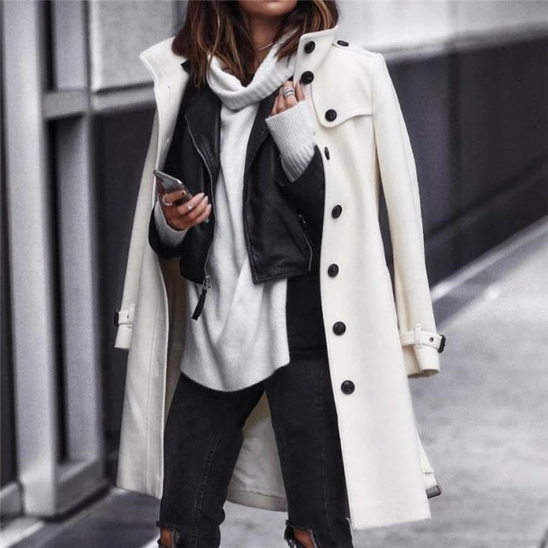 Wool Coat Women Vintage Streetwear Long Black Wool Coats Winter Korean Fashion Office Lady Coat Single Button Woolen Coat - Цвет: Белый