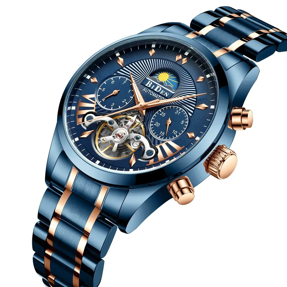 Механические часы BIDEN Tourbillon для мужчин, люксовый бренд, нержавеющая сталь, мужские деловые автоматические часы, мужские часы, Relogio Masculino - Цвет: stee blue