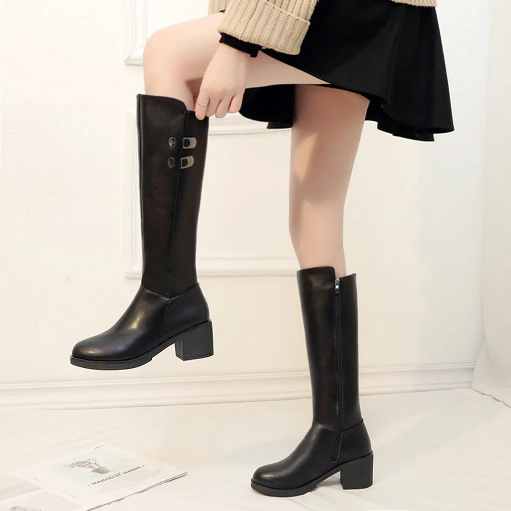 Большие размеры 34-45, модные осенне-зимние сапоги обувь на высоком каблуке с квадратным носком на молнии элегантные женские сапоги до колена г. Новое поступление,# N35