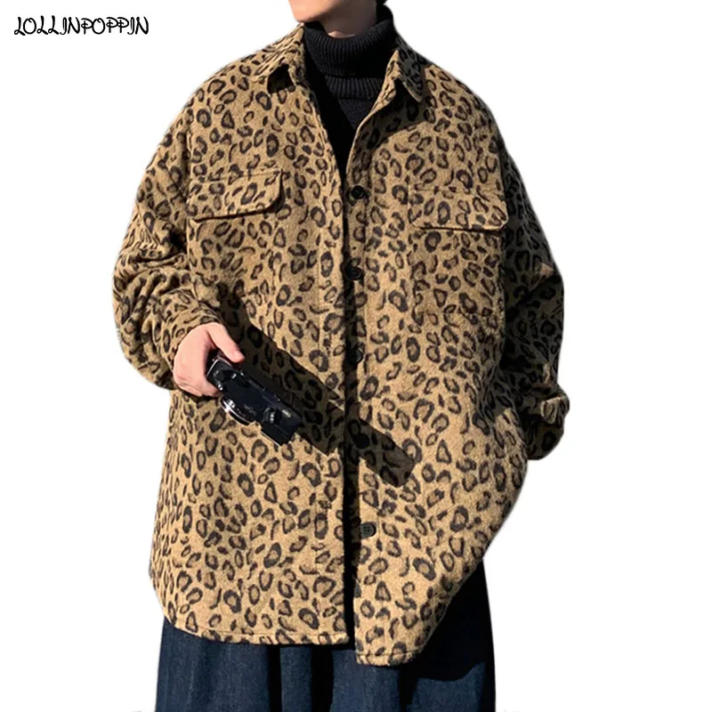 

Уличная одежда, мужская повседневная шерстяная куртка с леопардовым принтом, свободный крой, с отложным воротником, весна-осень 2022, куртка оверсайз с нагрудными карманами