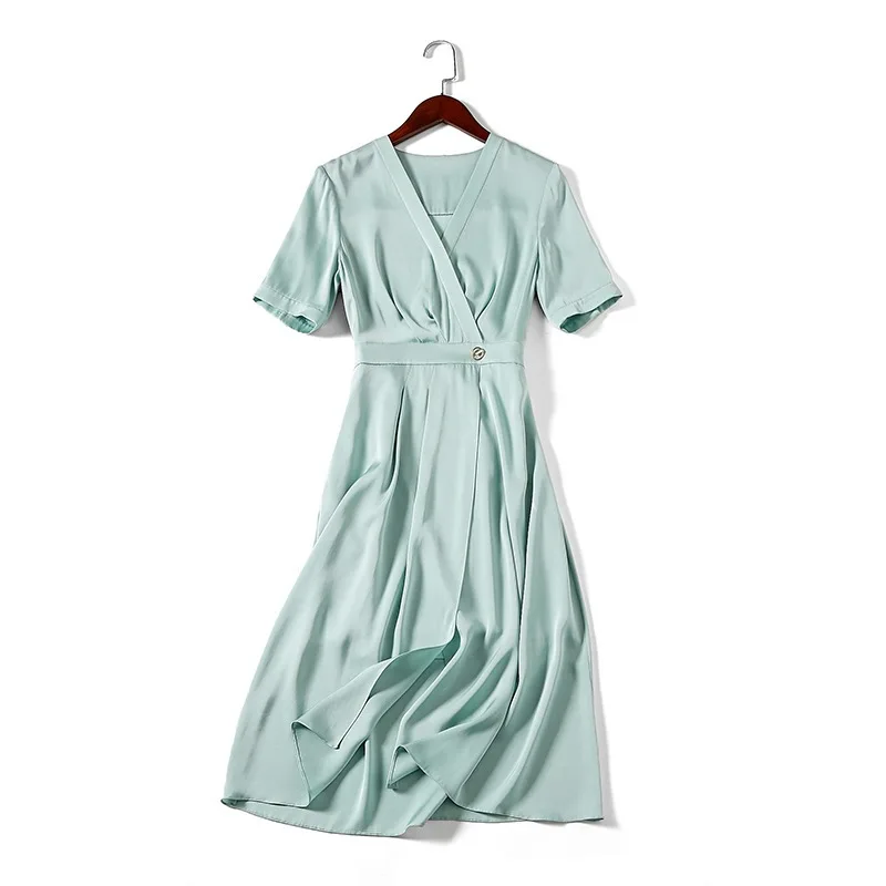 

Платье из чистого шелка тутового дерева, женские платья длиной до колен с V-образным вырезом и коротким рукавом, Новинка лета 2024 года