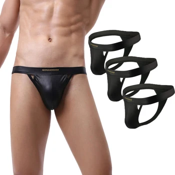 

3PCS Faux Leather Thong G-string Big Bugle Pouch Erotic T-back Panties Jockstrap Latex Underwear String Homme T-back Gay Thongs