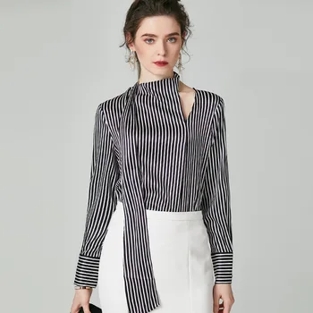 

black striped ribbon silk blouse for women high quality long sleeve plus size sexy casual office dress shirts clothes dropship