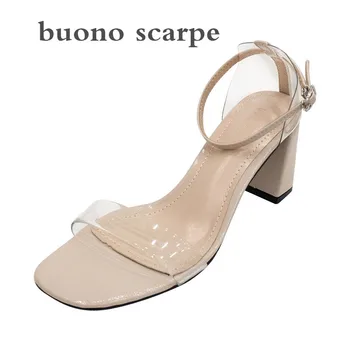 

2019 new female thick with square head high heels wild Korean patent leather transparent word with sandals