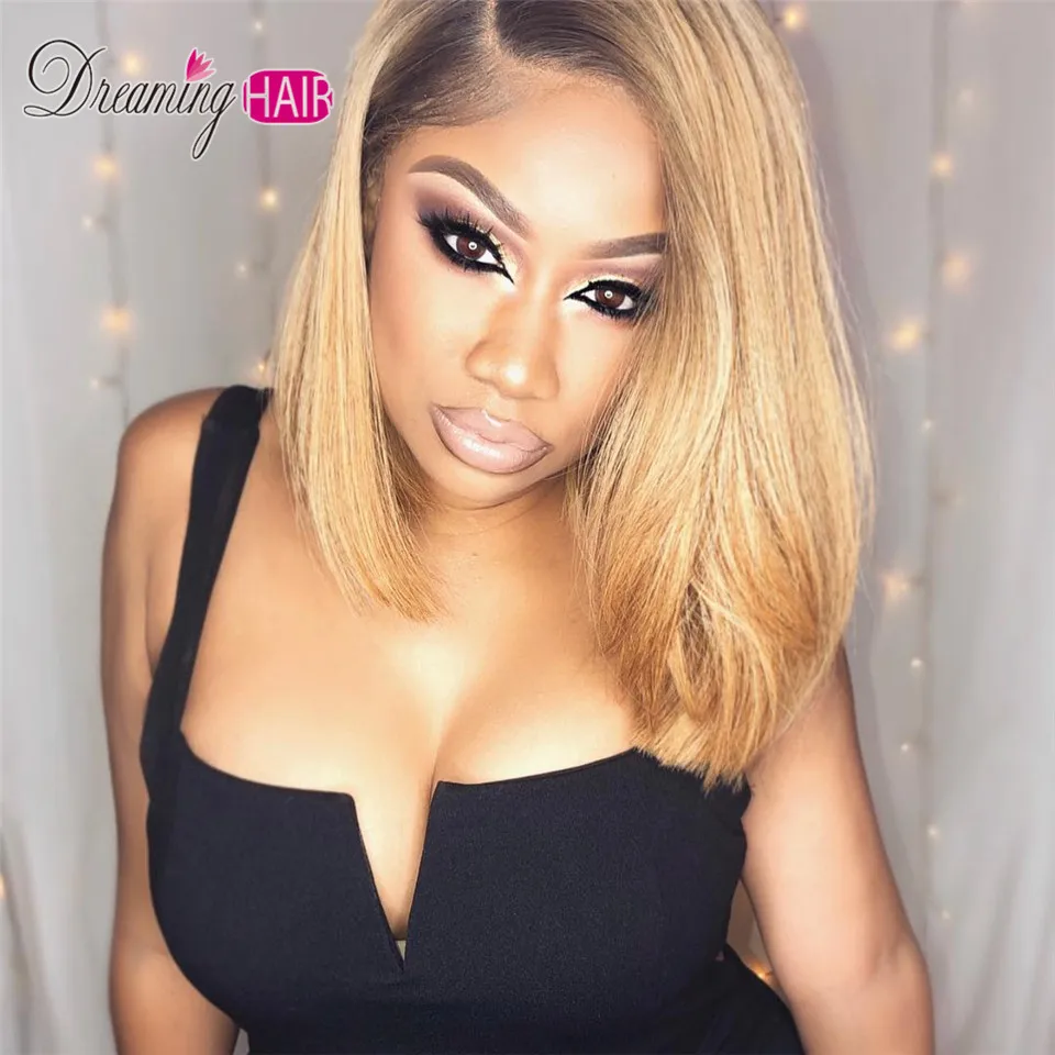 

13x6 Lace Front Human Hair Short Bob Wigs Pixie Cut Ombre Color 1B 27 613 Blonde Black Straight For Women Brazilian Remy Hair