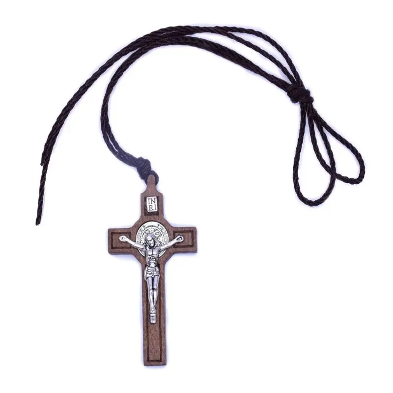 Ожерелье с крестом Иисуса, деревянная металлическая подвеска, ювелирное изделие для мужчин Wo мужчин s, католический религиозный T8WB