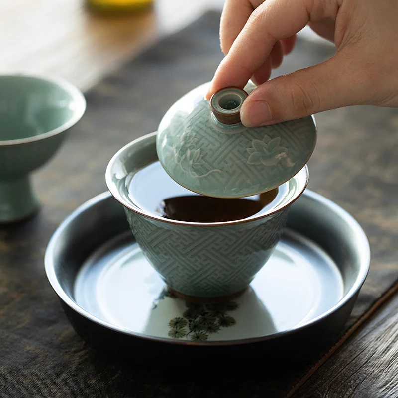 Retro Ge Kiln Ceramic Tea Tureen 110ml Handmade Relief Flower Art Gracked Glaze Tea Maker Gaiwan Household Kung Fu Ceremony