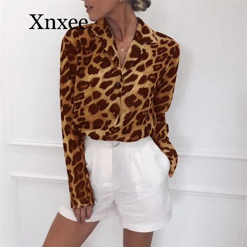

2020Leopard print office lady Vintage Long Sleeve Sexy Leopard Print Turn Down Collar Lady Office Shirt Tunic Casual Loose Tops