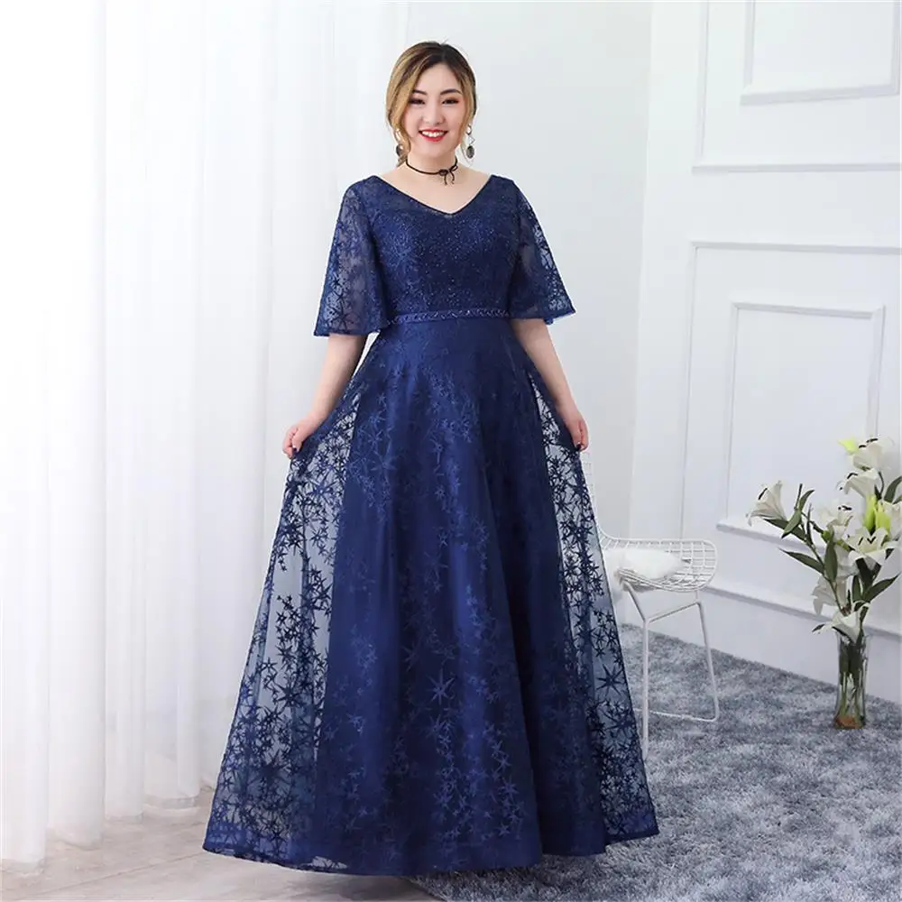 

5XL Plus Size Lace Long Evening Dress V-neck Horn Sleeve Elegant Formal Dress A-line Navy Blue Empire Waist Occasion Women Dress