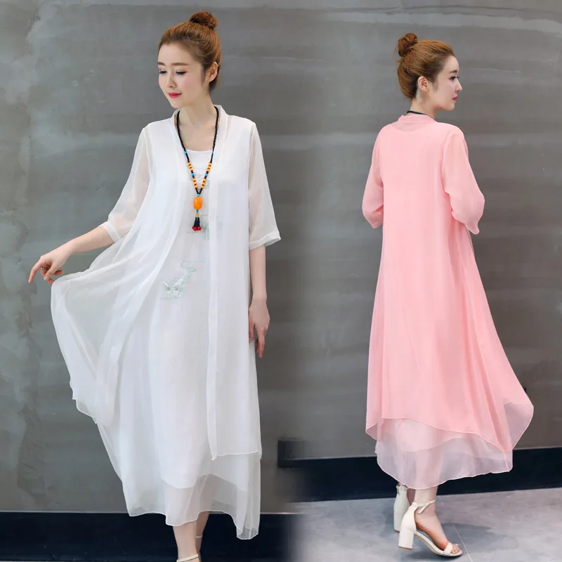 

2019 Summer New Style Chinese-style Dress Large Size Dress Fake Two-Piece Retro Cotton Linen Printed Dress Skirt