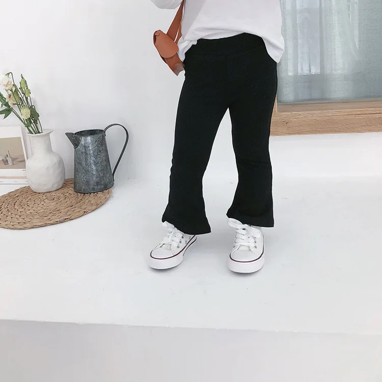 

Girls Micro Boot Cut Pants 2019 Autumn Children's Elastic Potholes Pit Flare Trousers Toddler Kids Solid Color Nine Cent Pants