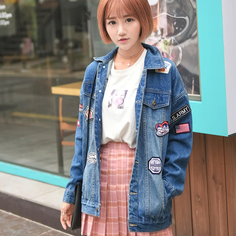 

Wind Loose And Plus-sized Cowboy Clothes Applique Badge Jeans Coat Cool GIRL'S