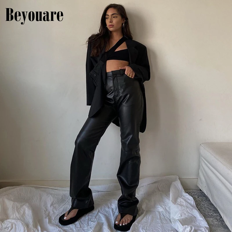 

Beyouare 2020 Autumn Vintage High Waist Button Pocket Straight Loose Legs Women's Trousers PU Faux Leather Elegant Female Pants