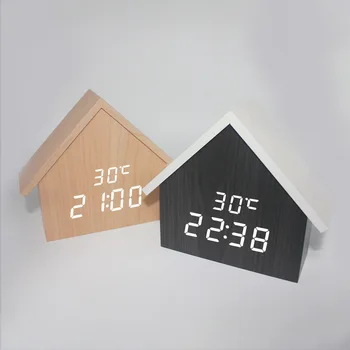 

Nordic New House LED Wood Digital Electronic Alarm Clock, Snooze Voice Control Time Date Temperature Digital Home Table Clock