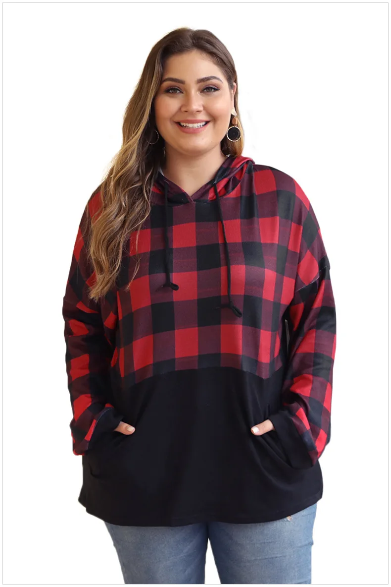 Hoodie Women's New Style Autumn And Winter Hooded Pullover Europe And America Plaid Contrast Color Joint Loose-Fit Plus-sized To
