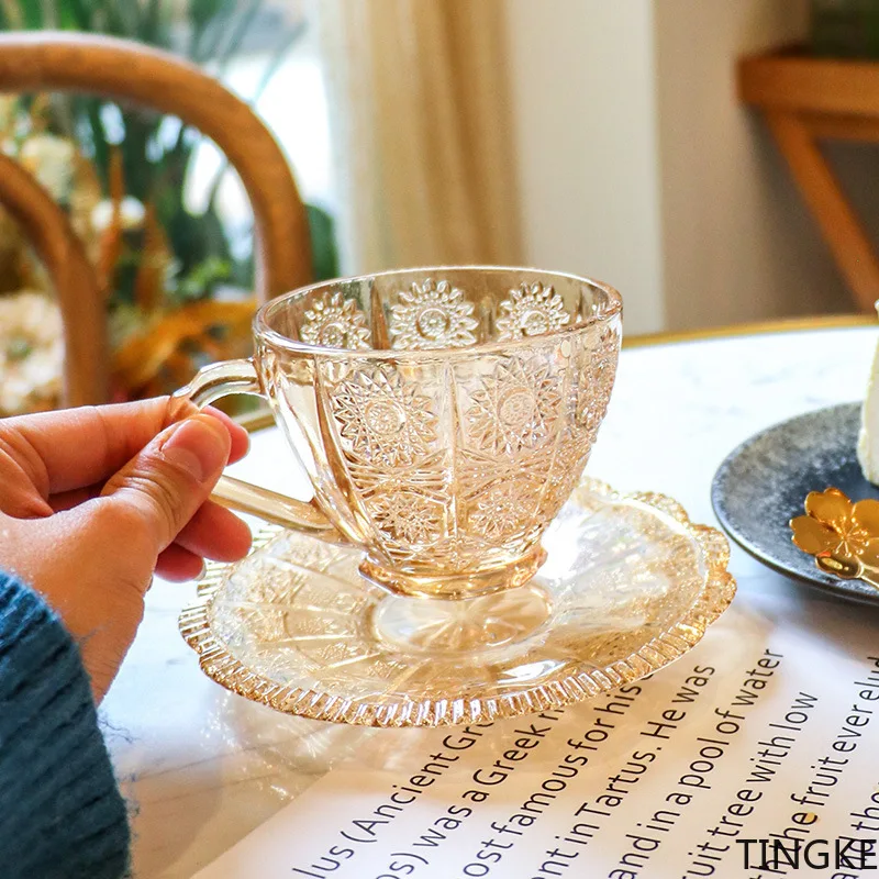 

New coffee cup set retro embossed coffee cup latte cup glass tea cup set restaurant milk coffee cup gift