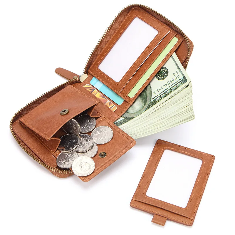 

HUGWISER Retro Men Multi-function Wallet Europe and America First Genuine Leather Wallet Short Zipper Coin Purse Casual Solid