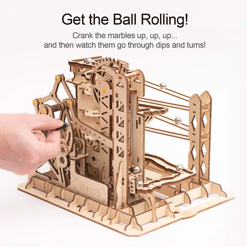 ROKR DIY мраморная игра 3D деревянная головоломка Шестерня привод Лифт модель американских горок Строительный набор игрушки для детей и взрослых LG503