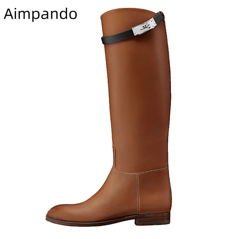 

Knight Boots Women Real Leather Med Square Heel Botas Round Toe Belt Buckle Shoes Woman Slim Mid-Calf Autumn New Boots Woman