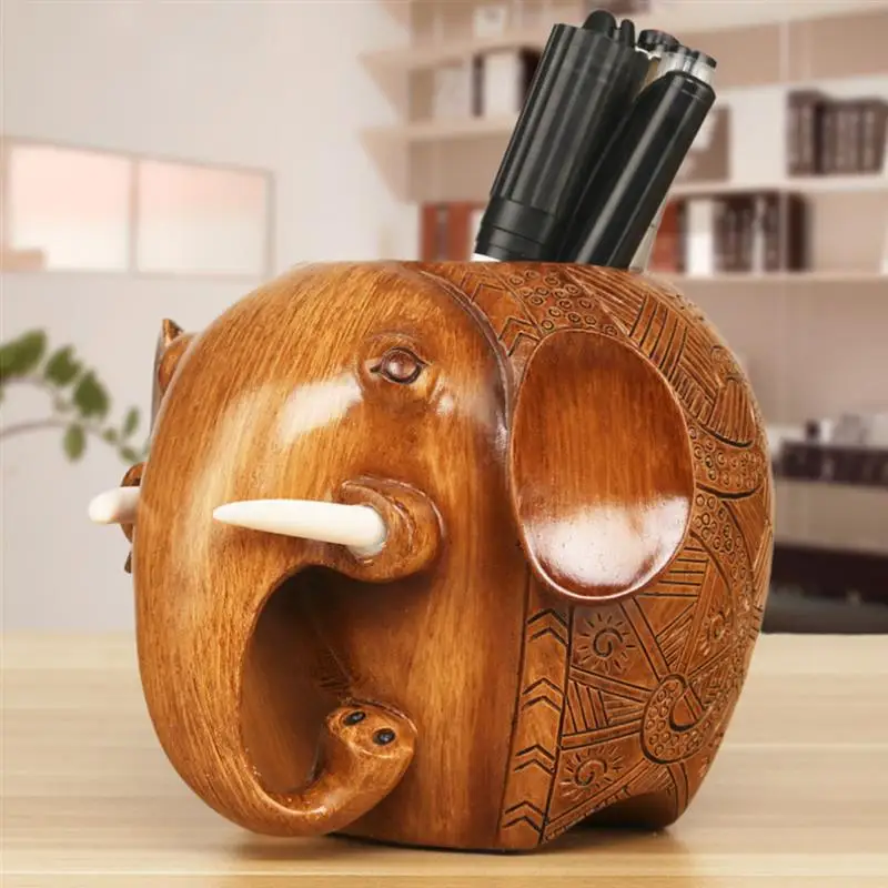 Pencil Pen Holder Elephant/Owl Resin Crafts Home Office Ornaments Wood Color 