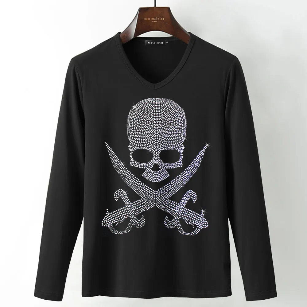 T003-V-Black Горячая фиксация горный хрусталь печать мужская панк стиль футболка Сияющий топ из бриллиантов Тройники Размер плюс мужской blingbling футболки с черепами черный белый - Цвет: T003-V-Black