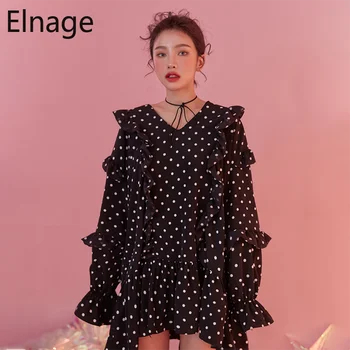 

Elnage Sweet Fungus Ruffles Short Doll Loose and Slim V Neck Long Sleeve Dress Polka Dot Spring Summer Black Vestidos 5A352