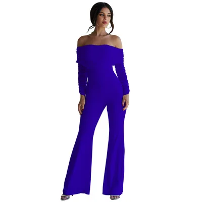 Hot Women Off Shoulder Jumpsuit Hollow Out Long Sleeve Strapless High Waist Long Trousers Pant T Dinner Party Clubwear - Цвет: Синий