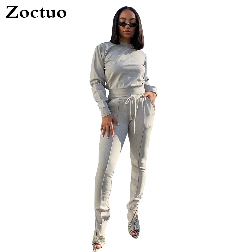 

Zuctuo 2019 Women Winter Two Piece Set Fashion Casual Set Patchwork Solid Long Sleeve O neck Pullover Sport Suit