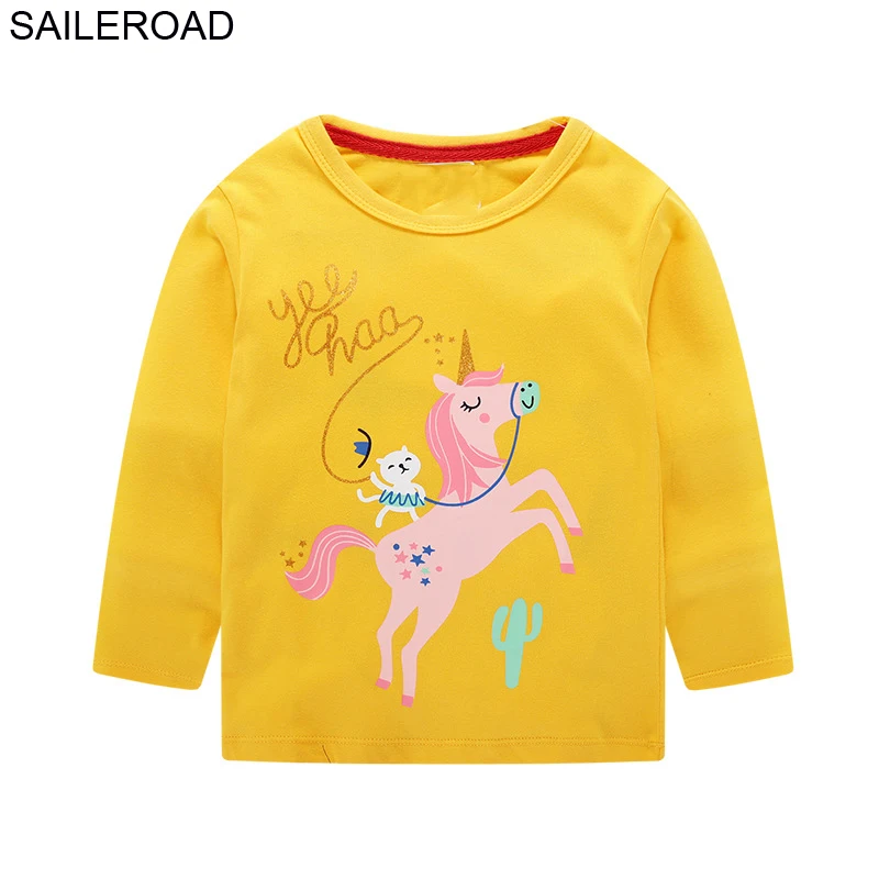 7084 same picture SAILEROAD/Одежда для детей в возрасте от 1-7Year мультфильм Животные лошадь Для детей футболка с длинным рукавом Демисезонный для маленьких мальчиков футболка для девочек - Цвет: 7084 same picture
