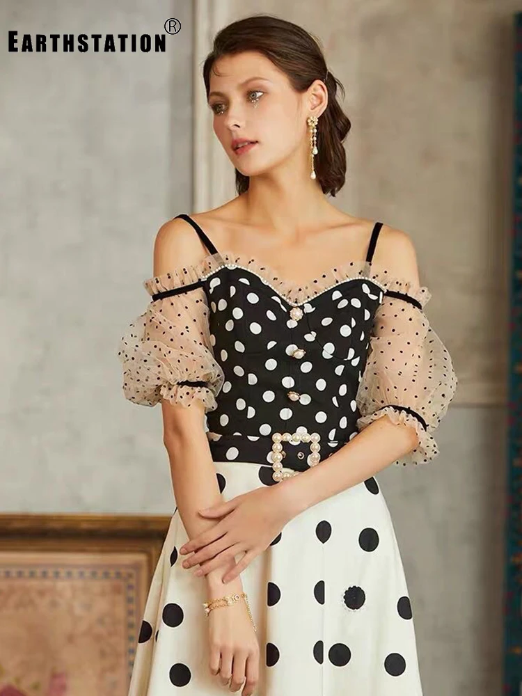 Женская рубашка в горошек короткий топ контрастных цветов стиле ретро с оборками