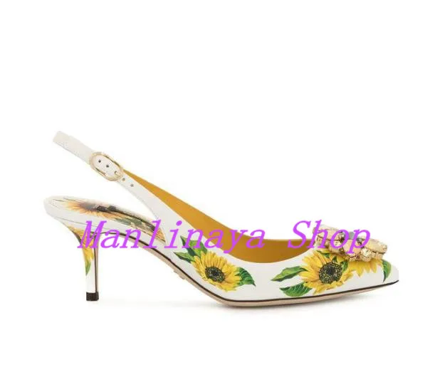 2021 얇은 뒤꿈치 인쇄 해바라기 여성 펌프 지적 발가락 Rhinesstone 여성 신발 Slingbacks 크리스탈 꽃 슬립 여성 펌프에
