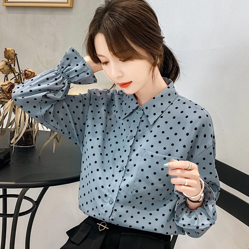 

COIGARSAM Office Lady Polka Dot Shirt Womens tops New Spring Full Sleeve Chiffon Women shirts Blue 8213