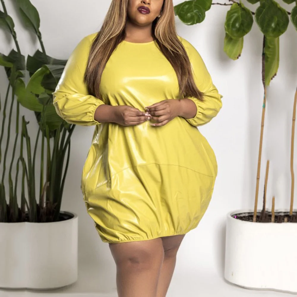 

Платья больших размеров из искусственной кожи для женщин, свободные пуловеры с длинным рукавом и круглым вырезом, вечерние ночные платья до колена, 4XL, 5XL