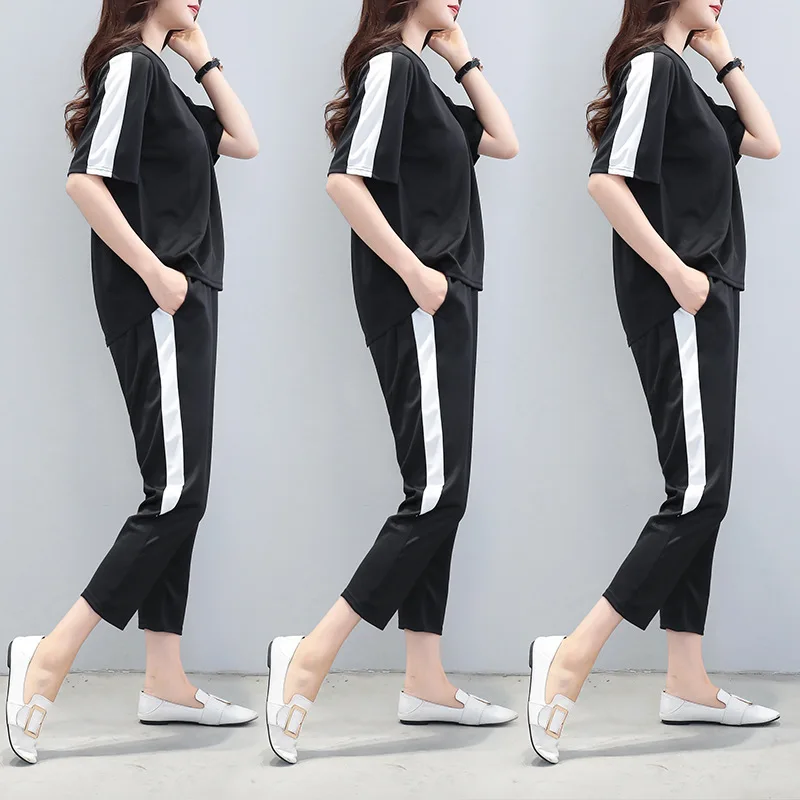 

2019 Summer New Style Korean-style Loose-Fit Fashion & Sports Set WOMEN'S Short Sleeved Large Size Casual Capri Pants Two-Piece