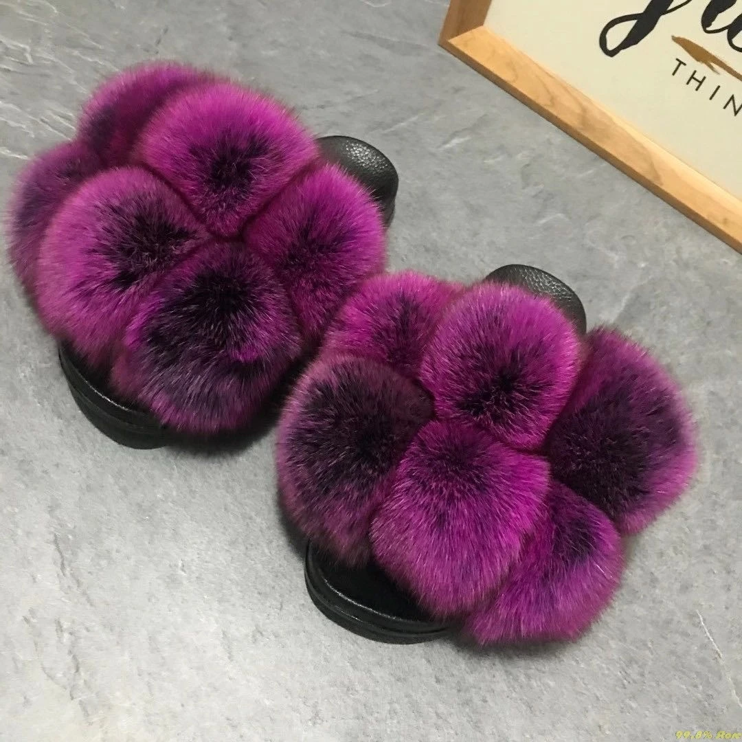 

Real fox Fur Slippers Women Home Fluffy Sliders Comfort Furry Summer Flats Sweet Ladies Shoes Female Furry Indoor Flip Flops