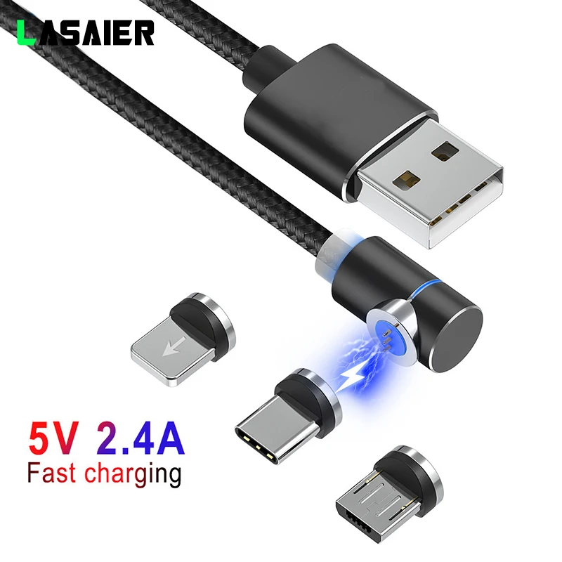 Магнитный usb-кабель 90 градусов 2.4A для зарядки iPhone 7 8 Plus XR Xs x Магнитный кабель Micro USB type C светодиодный заряднеое устройство type-C
